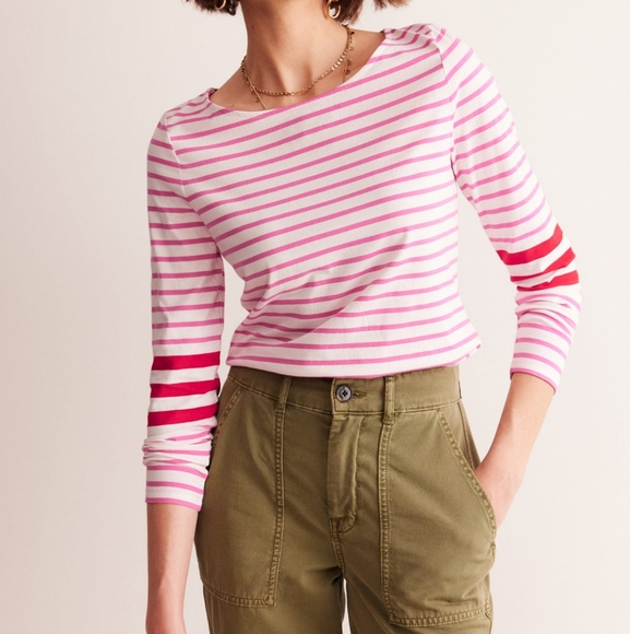 Boden Tops - Boden Ella Long Sleeved Breton Top Ivory, Red, and Party Pink